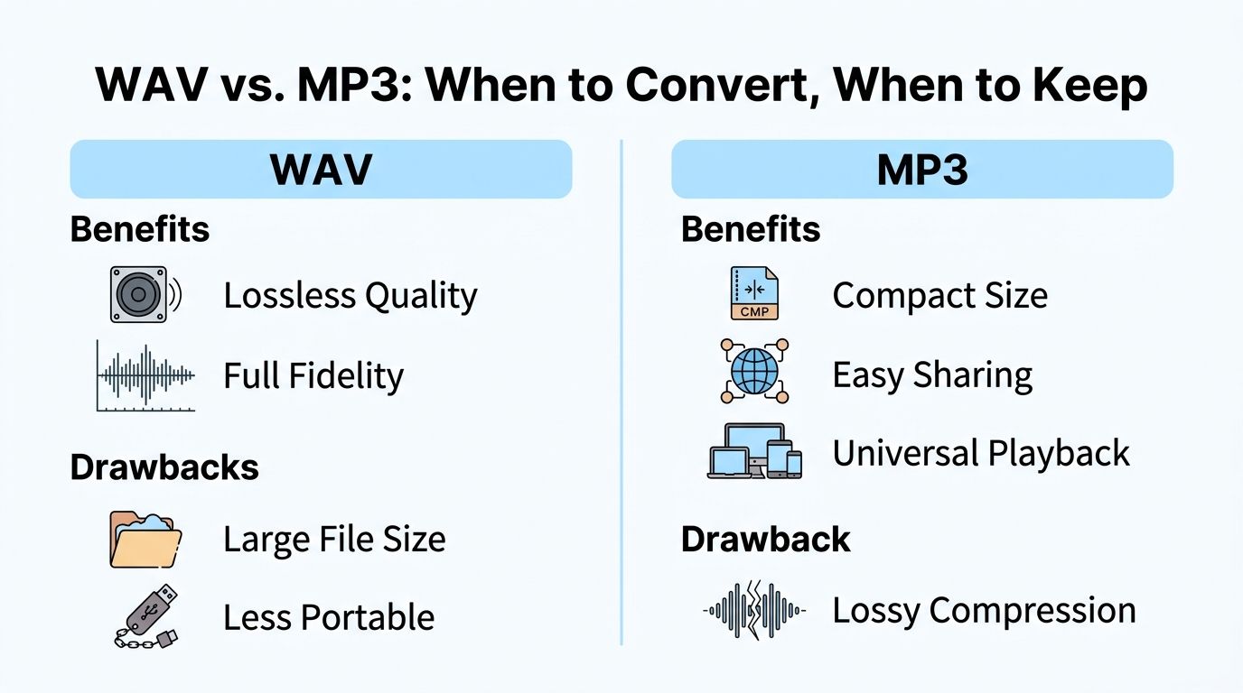 A comparison chart outlining the benefits and drawbacks of WAV versus MP3 audio file formats.