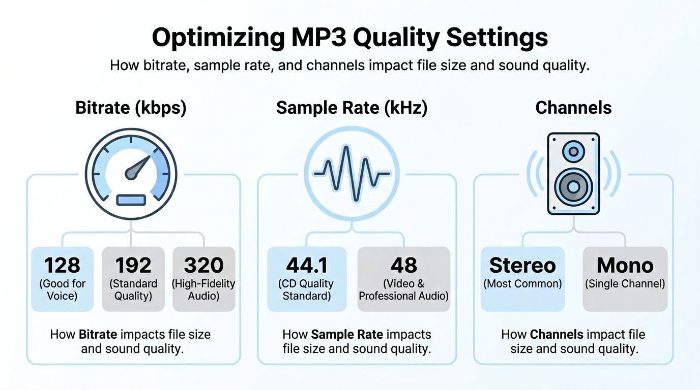 An infographic detailing how bitrate, sample rate, and channels influence MP3 file size and audio quality.