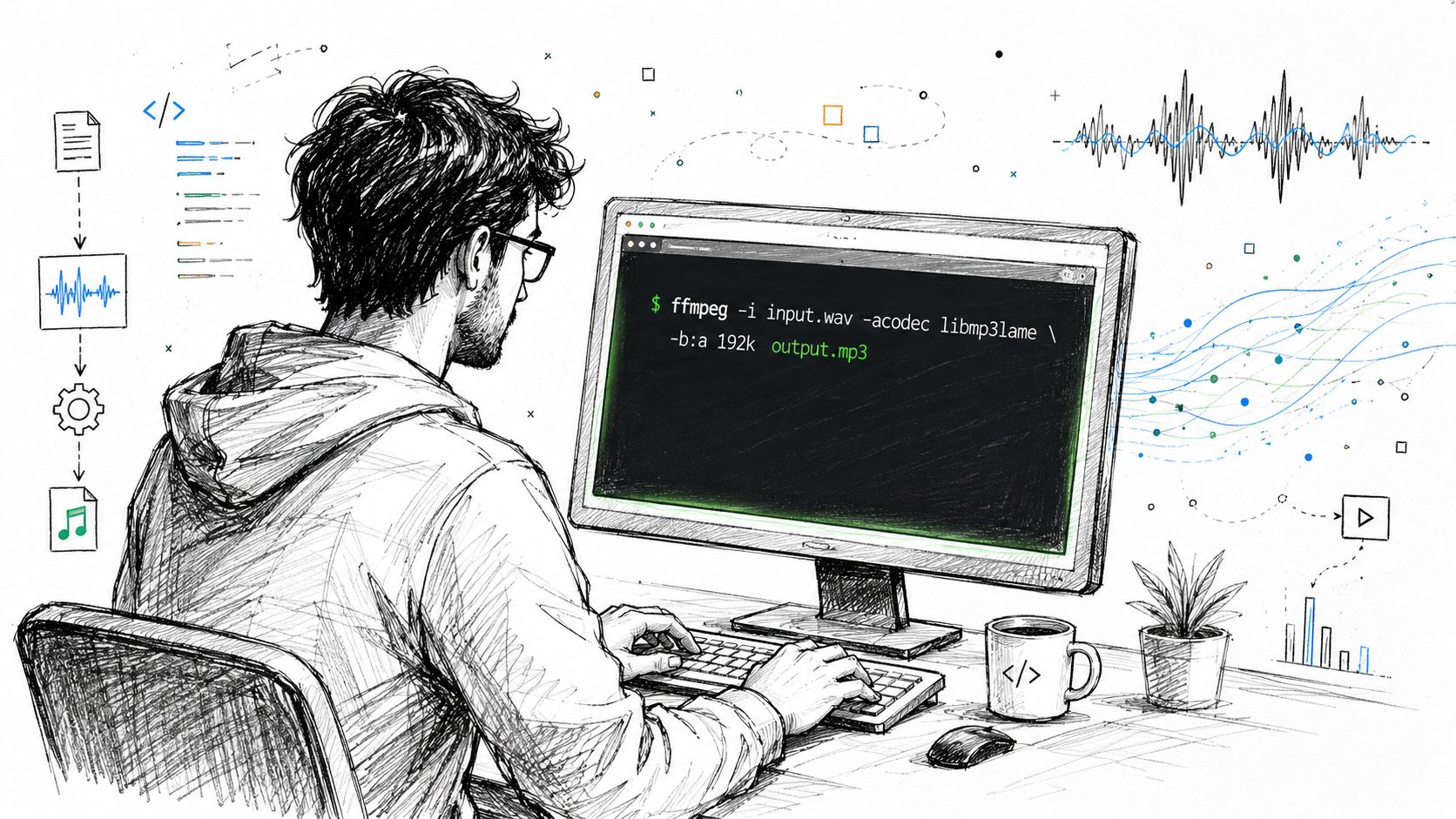 A developer working on a computer screen displaying an FFmpeg command to convert audio files.