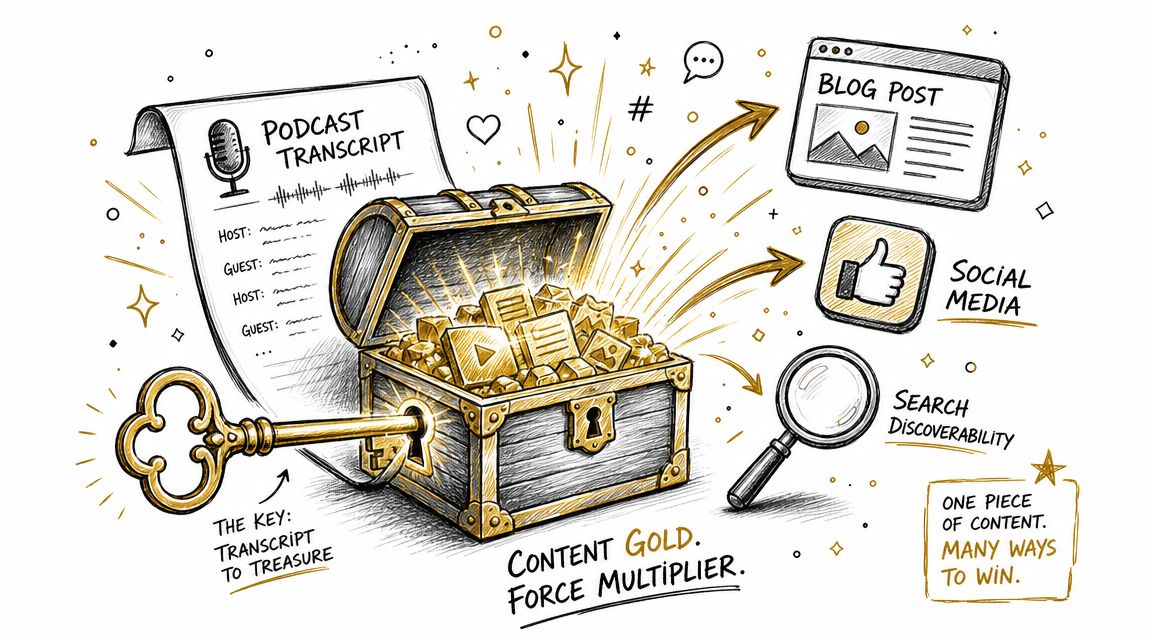 An illustrative drawing of a treasure chest filled with icons representing content repurposing from podcast transcripts.