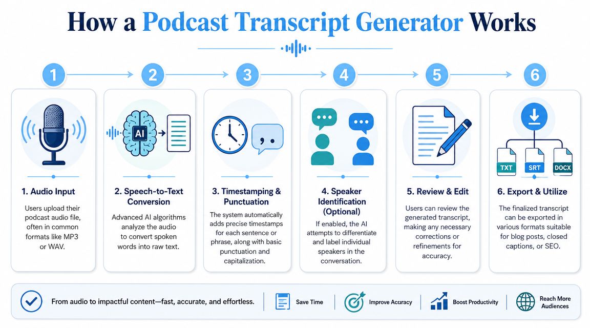 A six-step infographic showing how a podcast transcript generator converts audio files into text and captions.