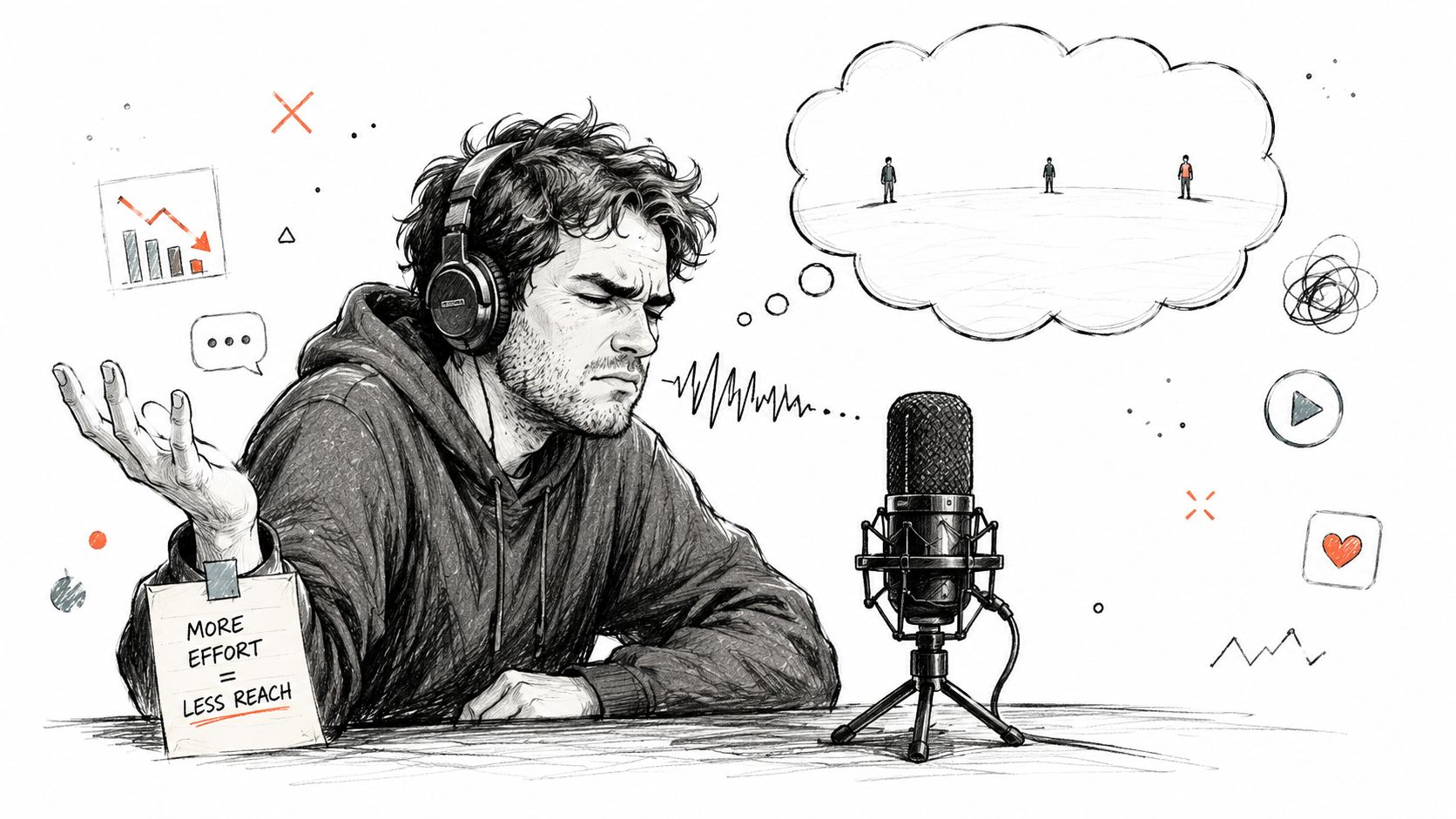 A frustrated podcaster with headphones looks at a chart showing decreasing reach while recording a podcast episode.