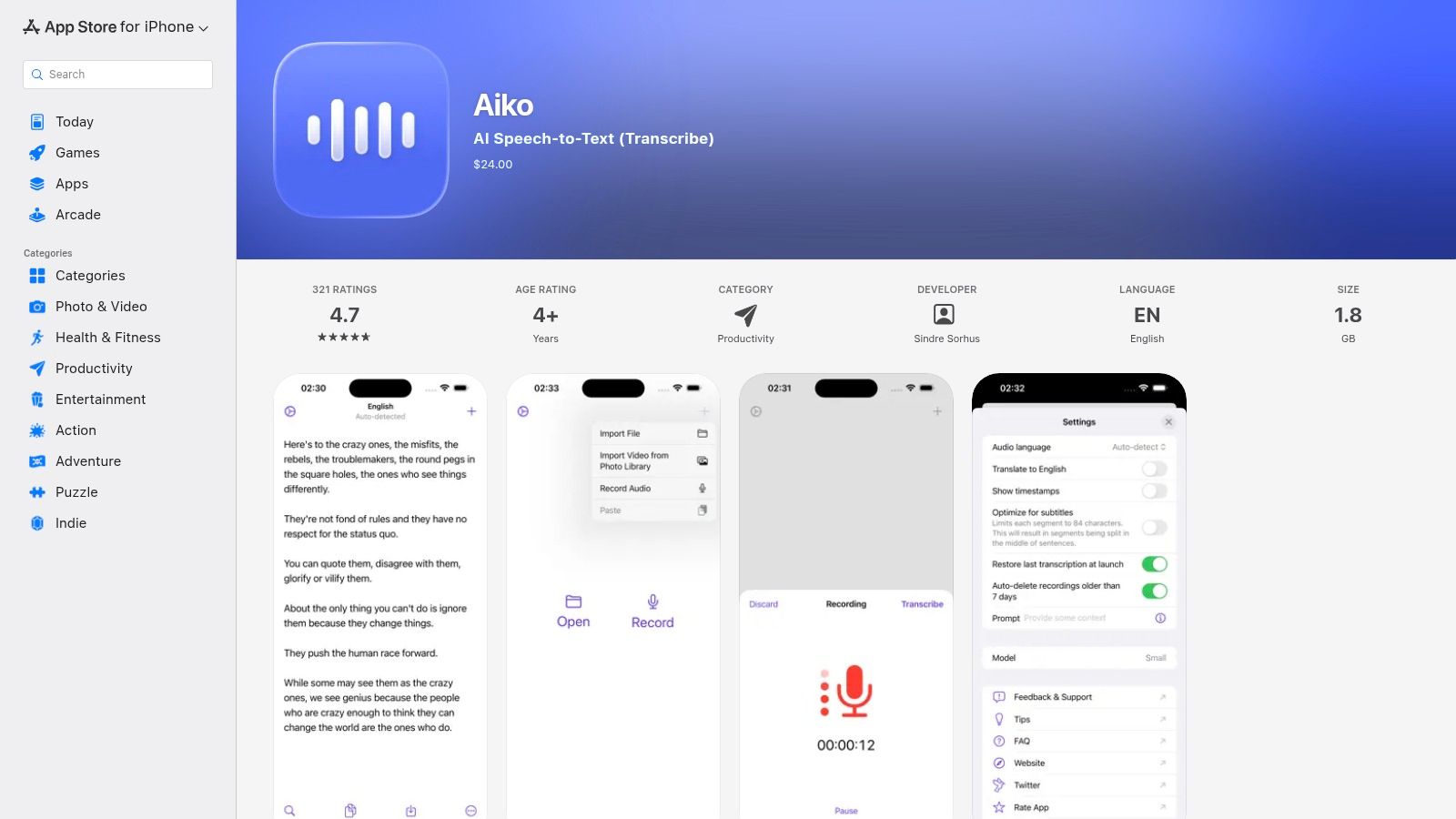 Aiko (iOS/iPadOS/macOS; on-device Whisper)