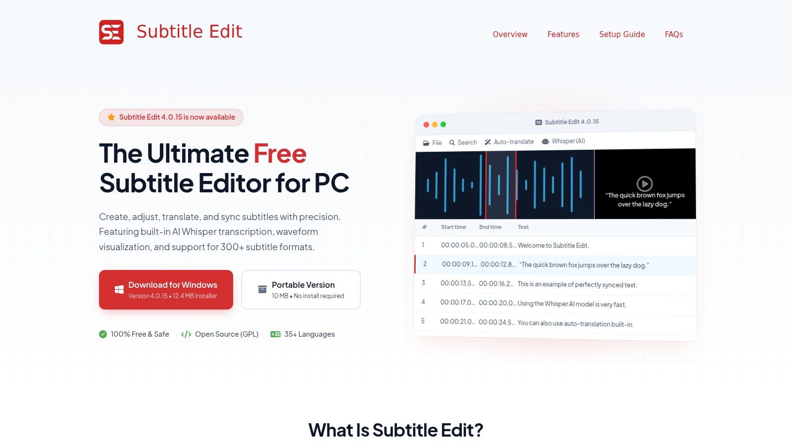 Subtitle Edit (open source; offline Whisper support)