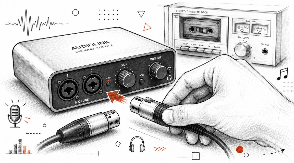 A hand plugging an XLR cable into a digital audio interface to record from a cassette deck.