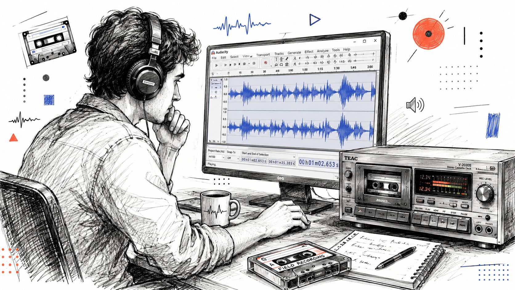 A young man sitting at a desk with headphones, editing digitized audio from cassette tapes on a computer.