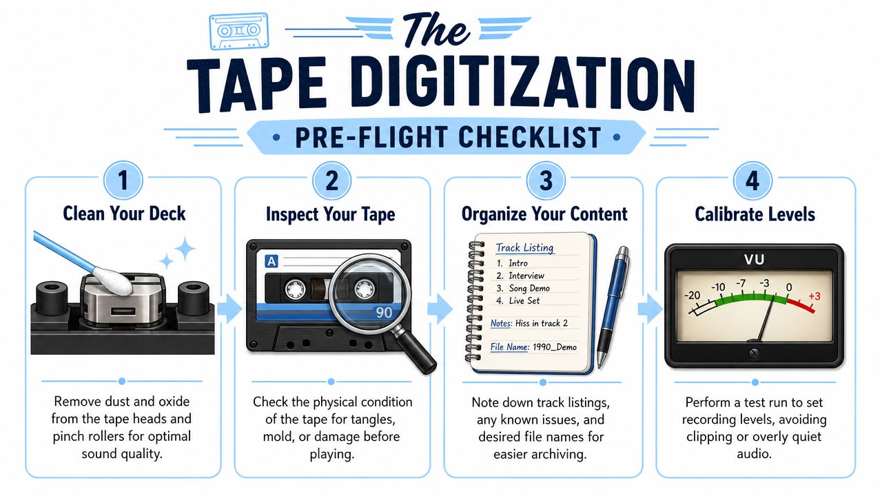 A four-step checklist illustration guide for preparing to digitize analog cassette tapes using proper hardware maintenance.