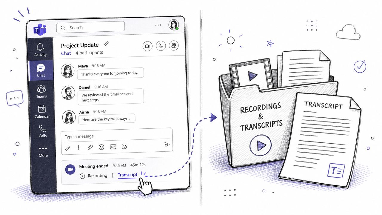 A hand selecting the transcript link in a Microsoft Teams meeting chat, which stores recordings and transcripts.
