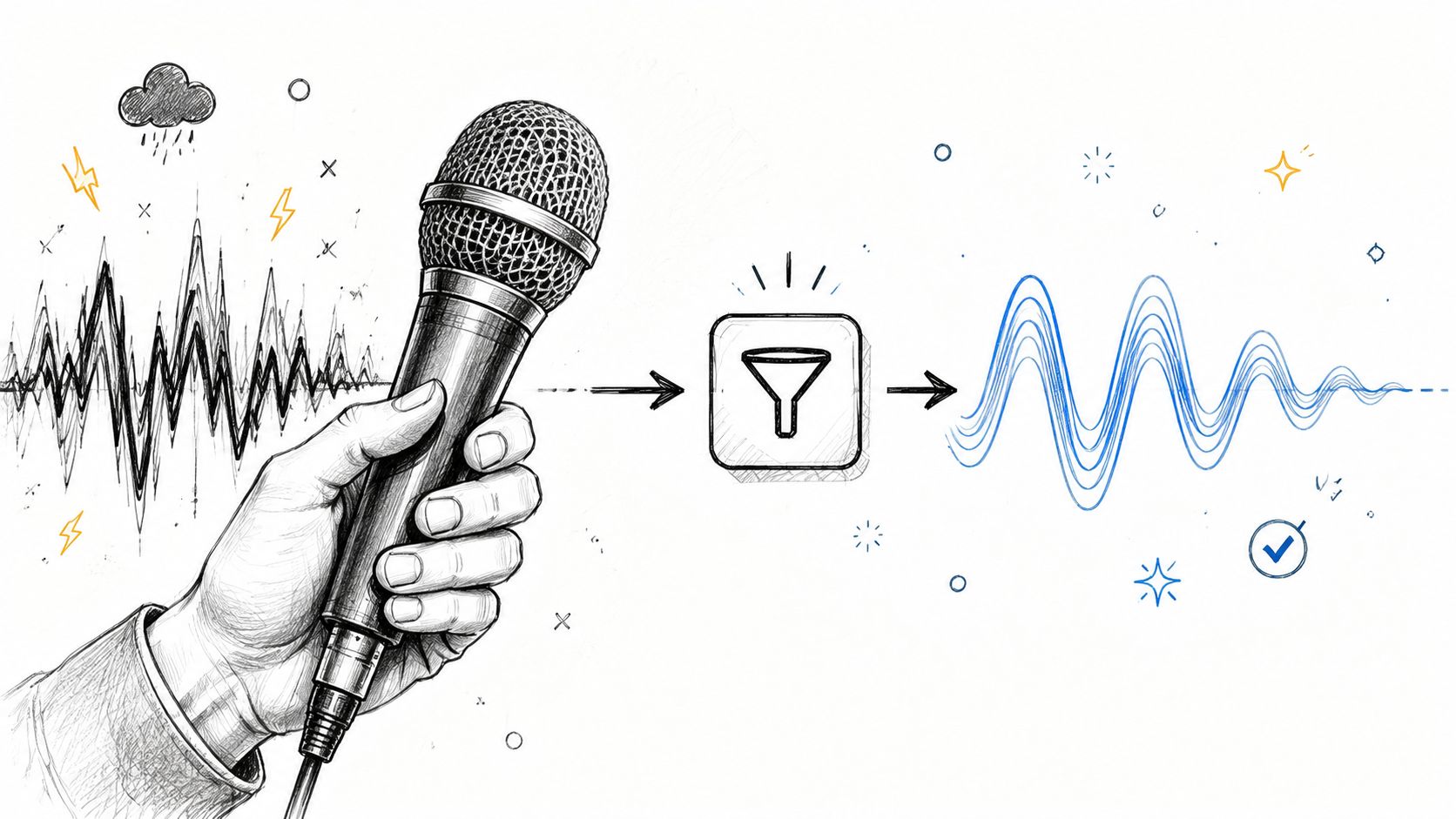 A hand holding a microphone with messy sound waves being filtered into a clean, smooth waveform.