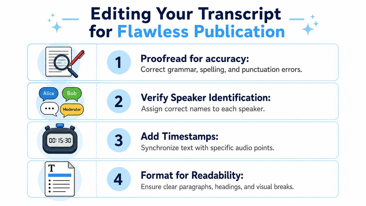 An infographic showing four steps to edit a transcript for flawless publication, including proofreading and formatting.