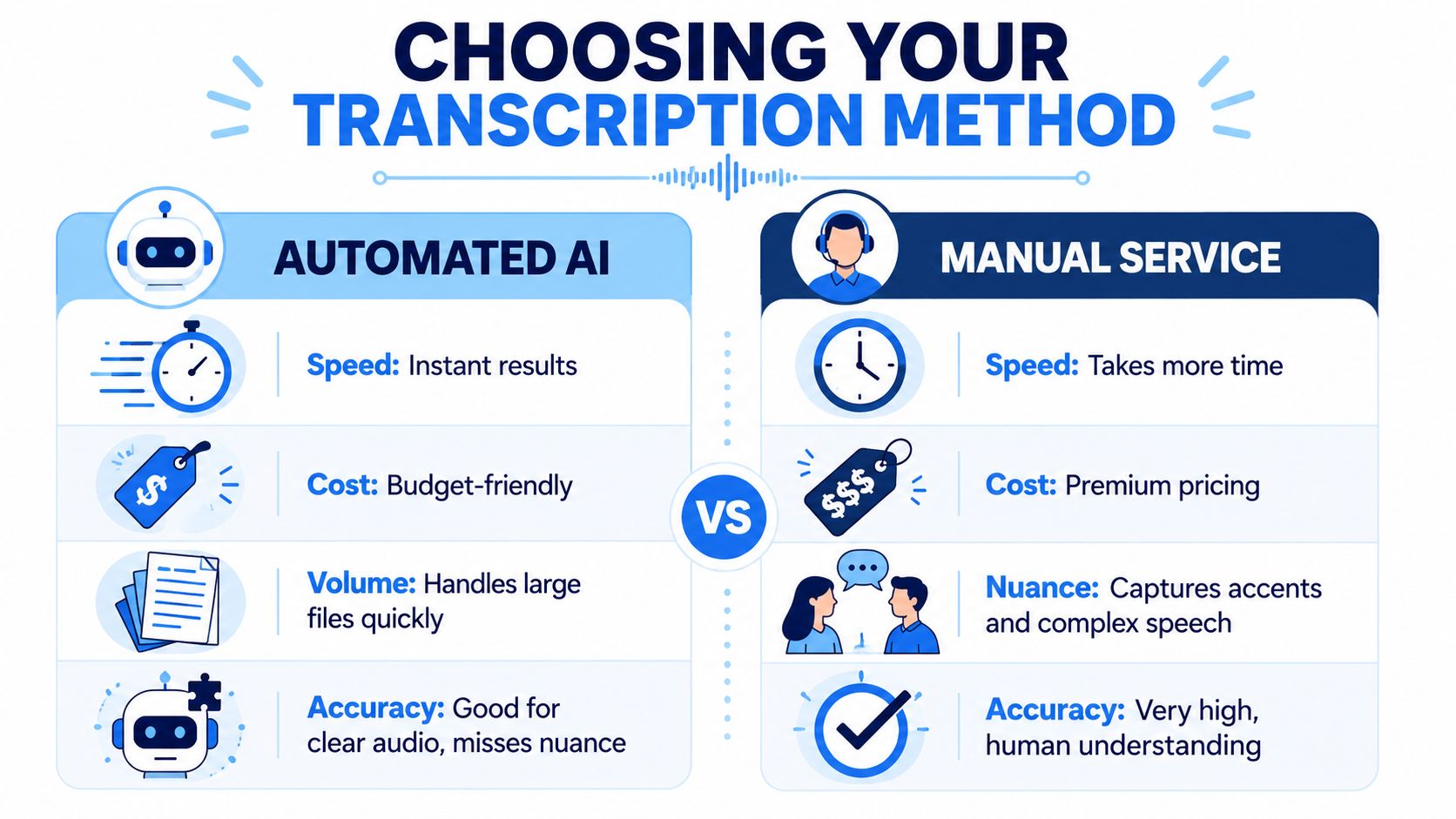 A comparison infographic between automated AI and manual service transcription methods highlighting speed, cost, and accuracy.