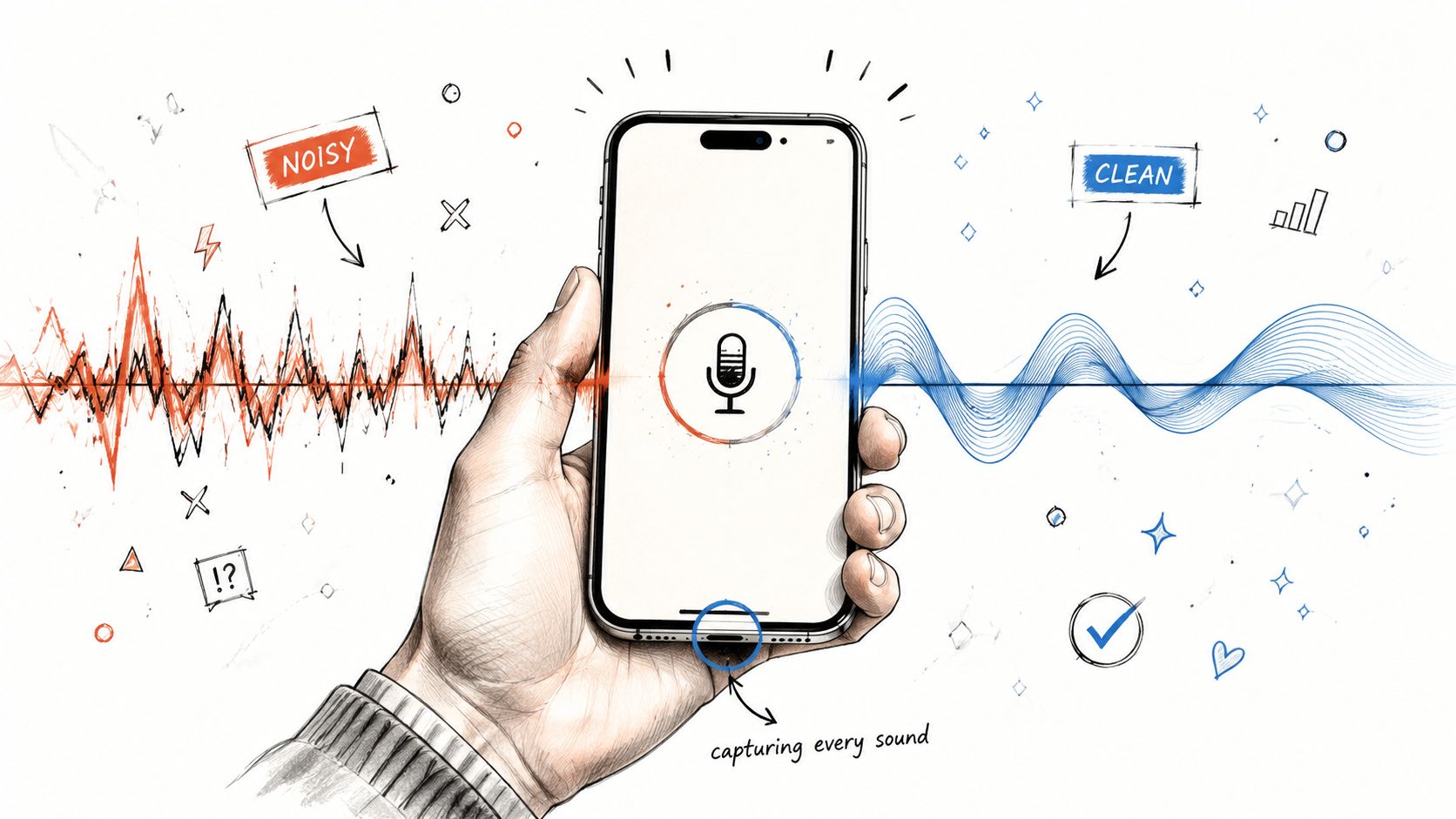 A hand holding a smartphone showing a concept of transforming noisy audio recordings into clean sound quality.