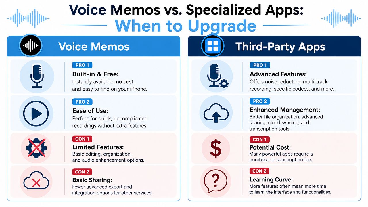 A comparison chart outlining the pros and cons of using Apple Voice Memos versus third-party audio apps.