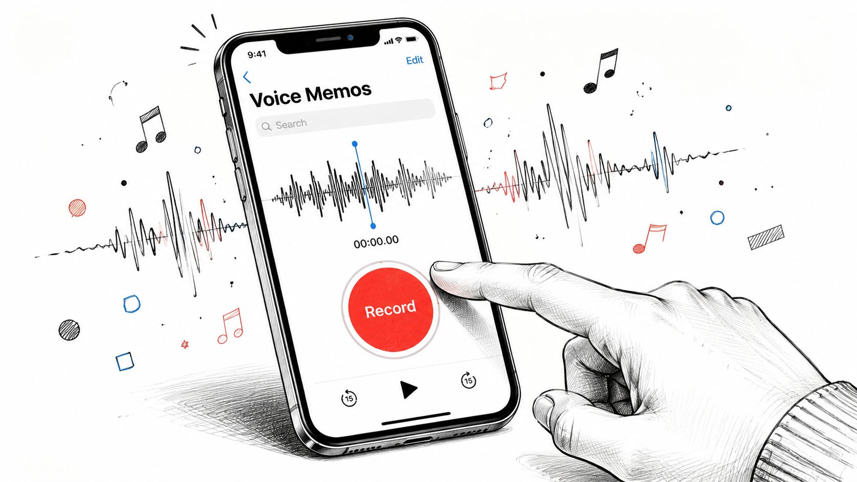 A hand touching the record button on a smartphone screen showing the Voice Memos app interface.