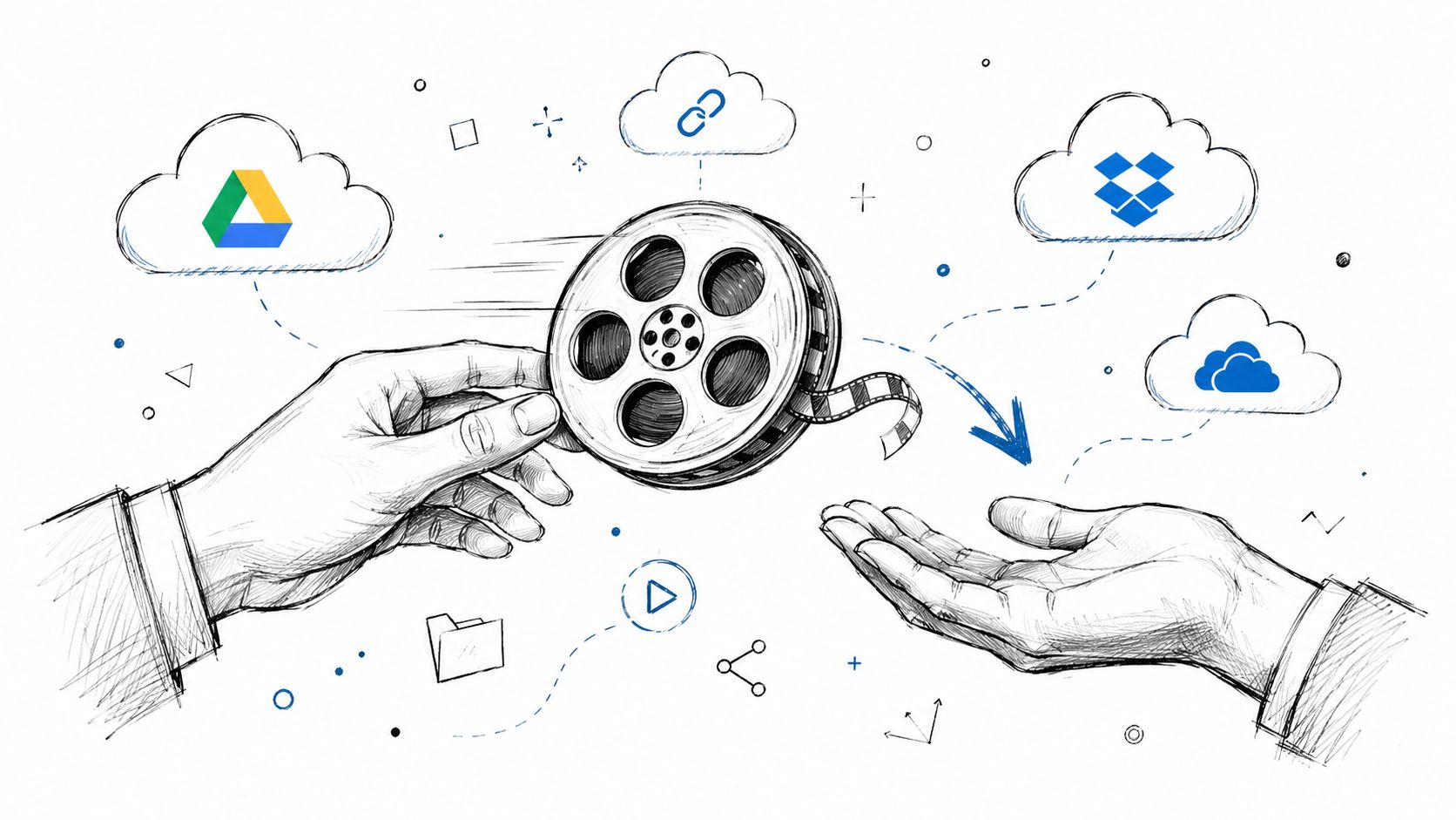 A hand passing a vintage film reel between clouds representing cloud storage services like Google Drive and Dropbox.