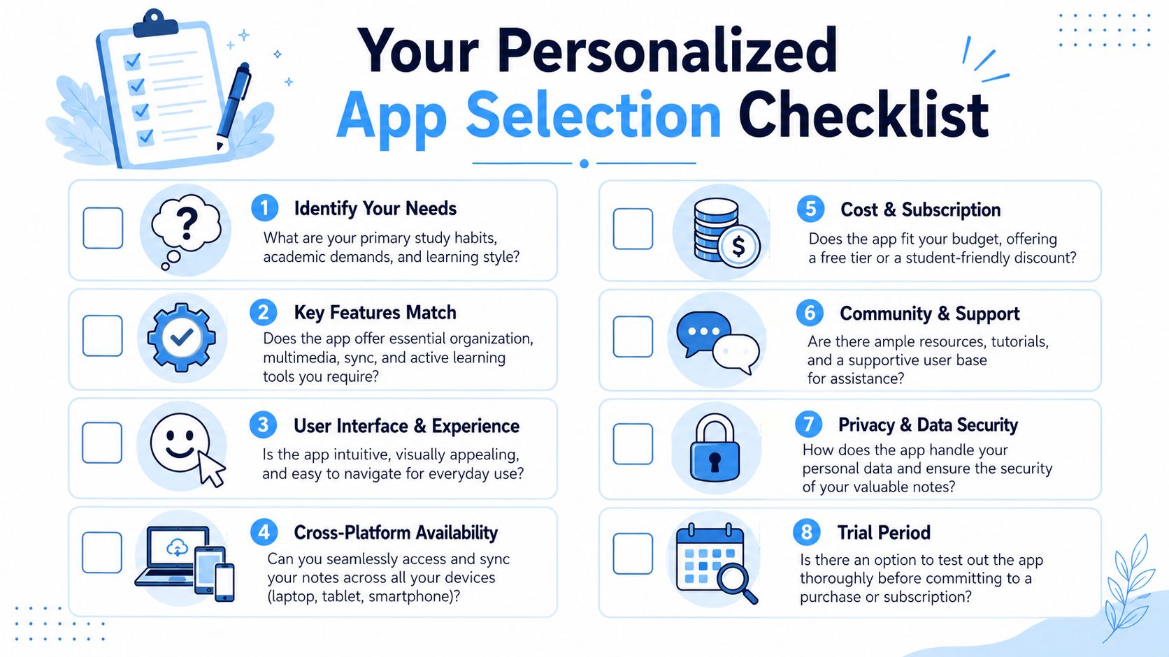 A structured checklist infographic guide for students to help them evaluate and select the right note-taking app.