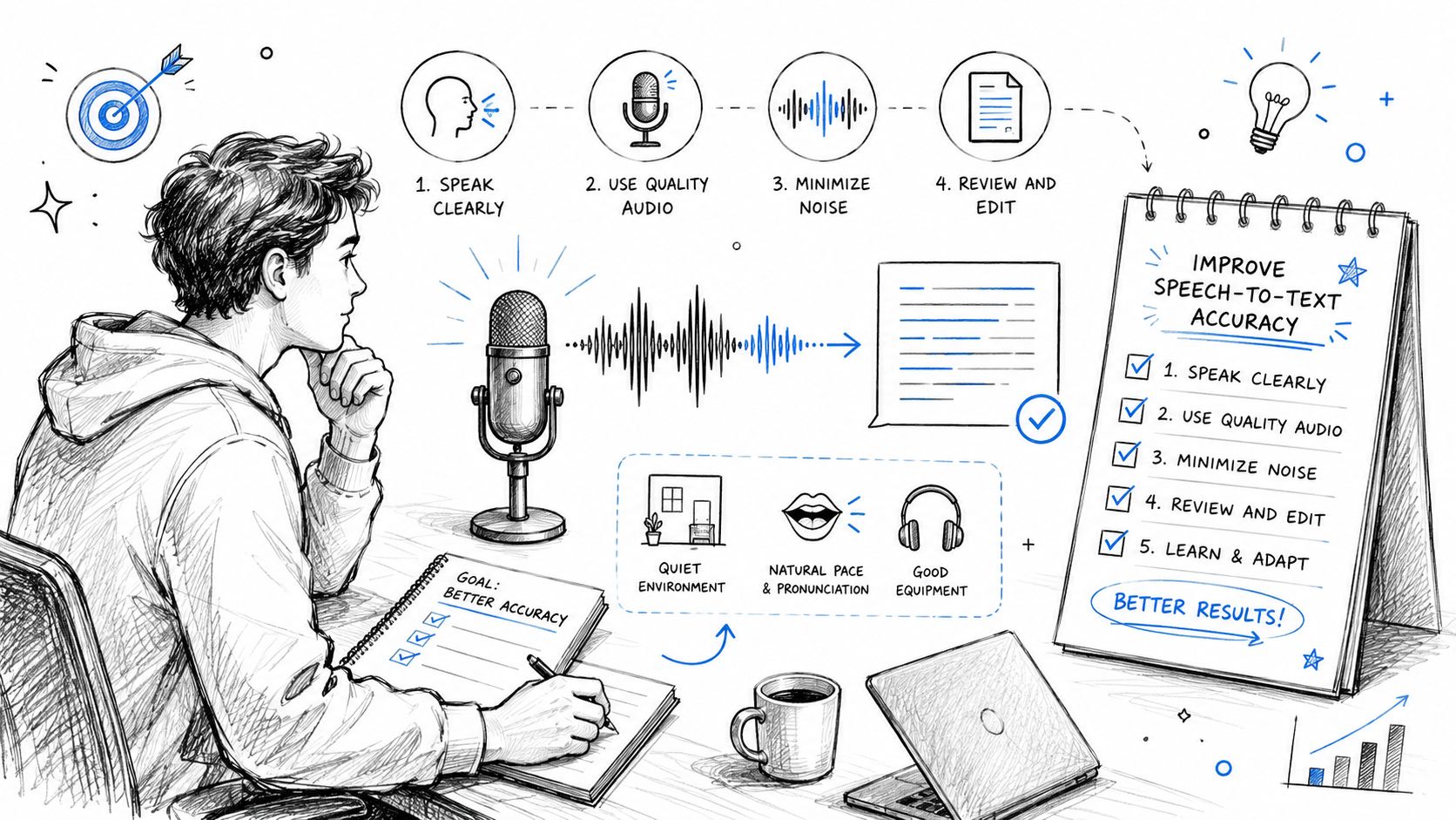 A hand-drawn illustration showing a person focused on improving speech-to-text accuracy with professional tips.