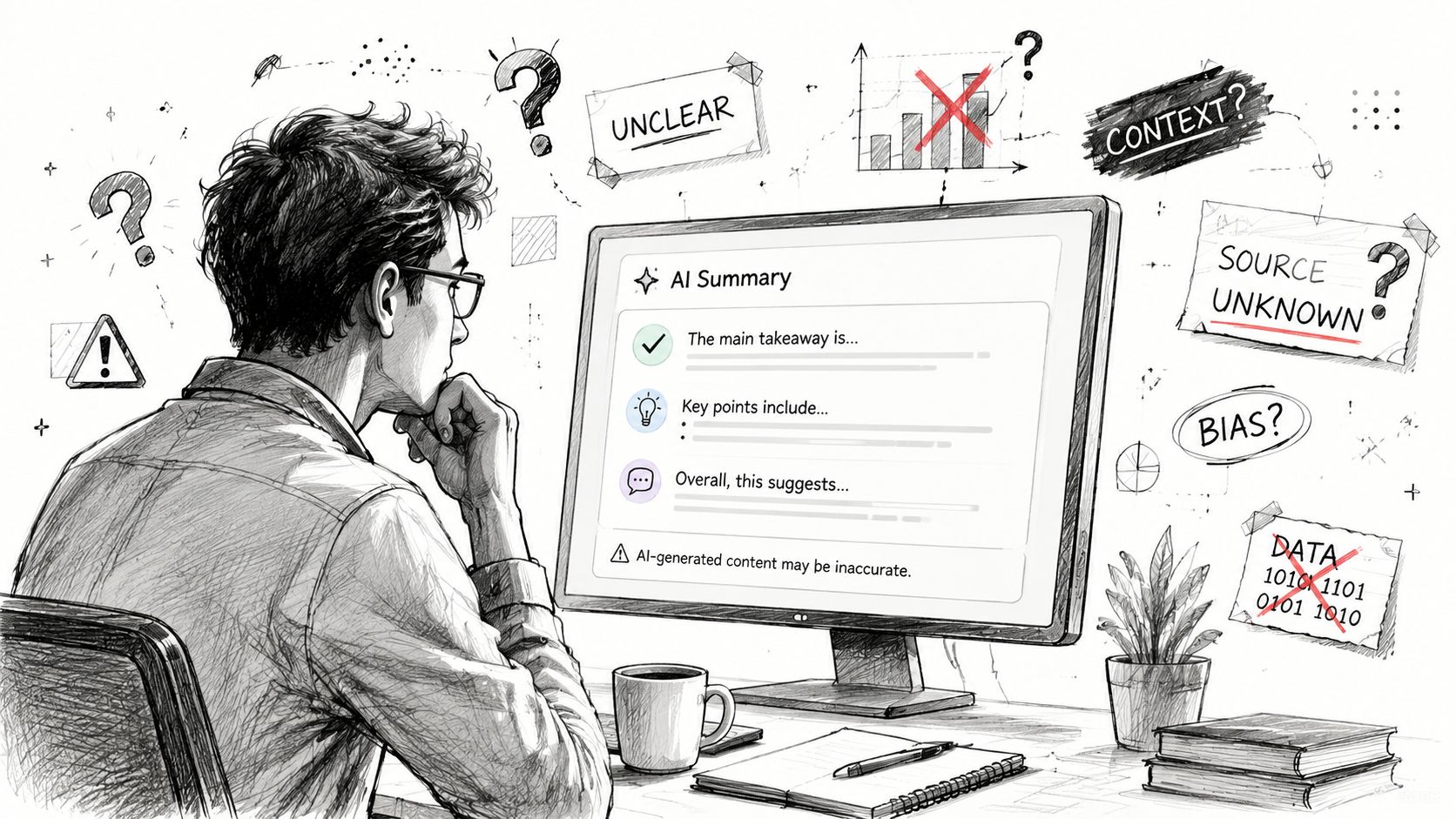 A person sitting at a desk looking thoughtfully at a computer screen displaying an AI summary interface.