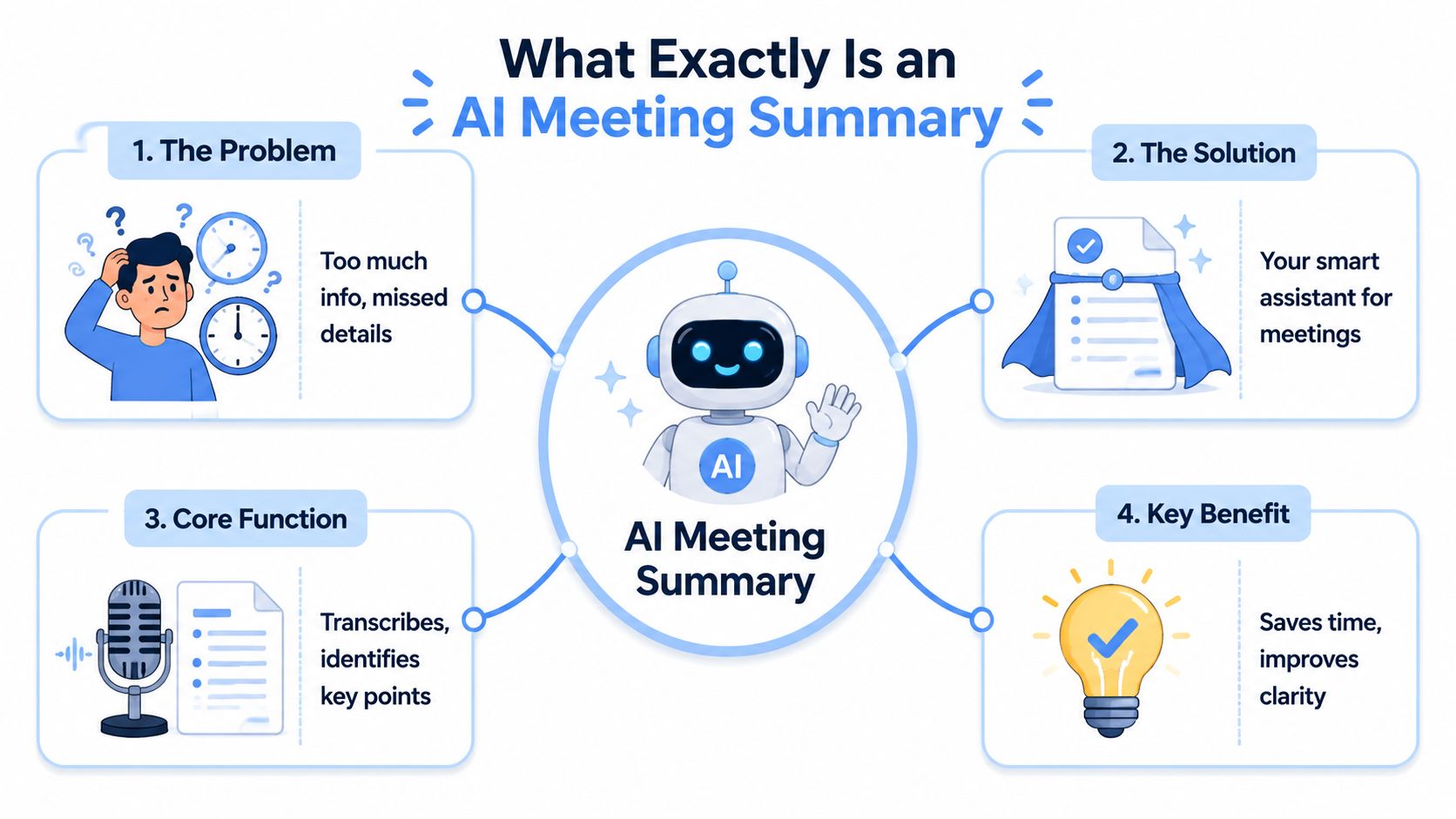 An infographic explaining AI meeting summaries, highlighting the problems, solutions, core functions, and key benefits.