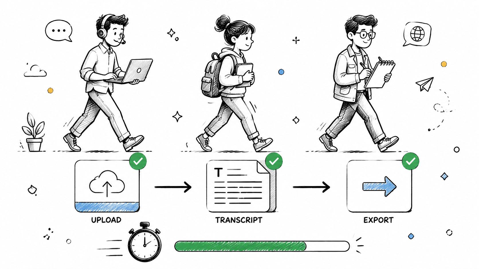 A hand-drawn illustration showing the three-step process of uploading, transcribing, and exporting audio files.