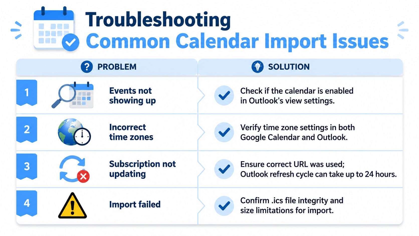 A troubleshooting guide showing four common solutions for calendar import issues between Google Calendar and Outlook.