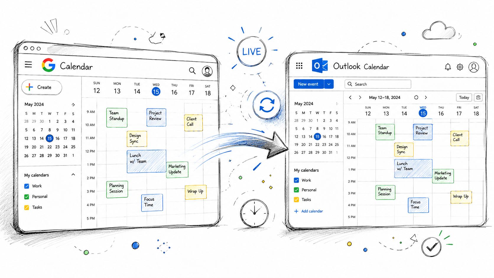 A hand-drawn illustration showing the synchronization process of events from a Google Calendar to an Outlook Calendar.