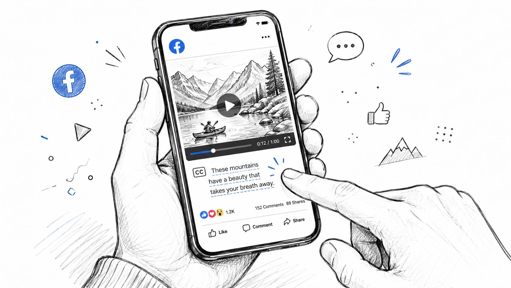 A hand holding a smartphone displaying a Facebook video with text transcription visible on the screen.