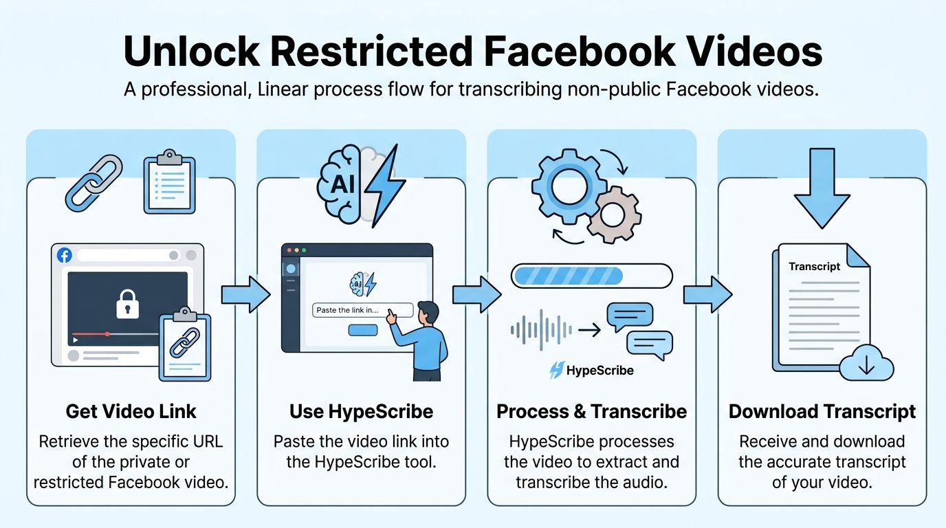 A four-step infographic explaining the process for transcribing private or restricted Facebook videos using HypeScribe.