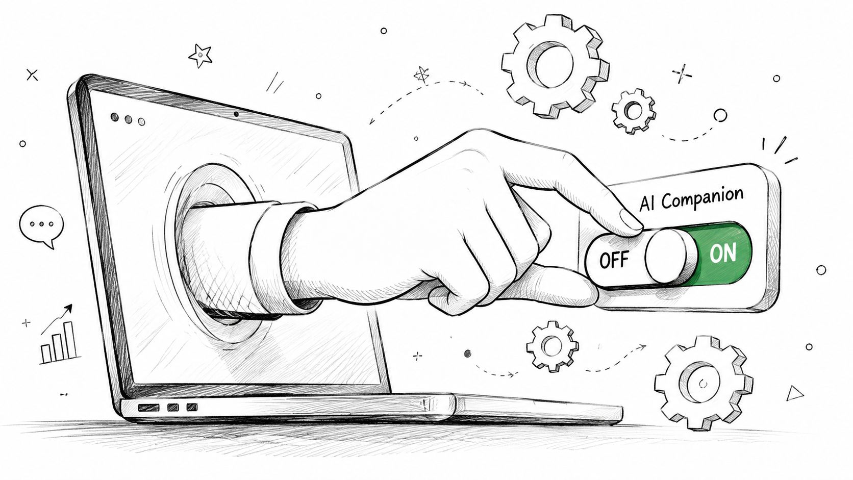 A hand emerging from a laptop screen turning on an AI companion toggle switch button.