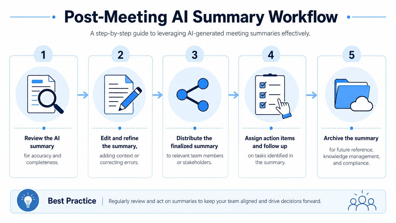A five-step infographic showing a workflow for reviewing, editing, distributing, assigning tasks, and archiving AI-generated meeting summaries.