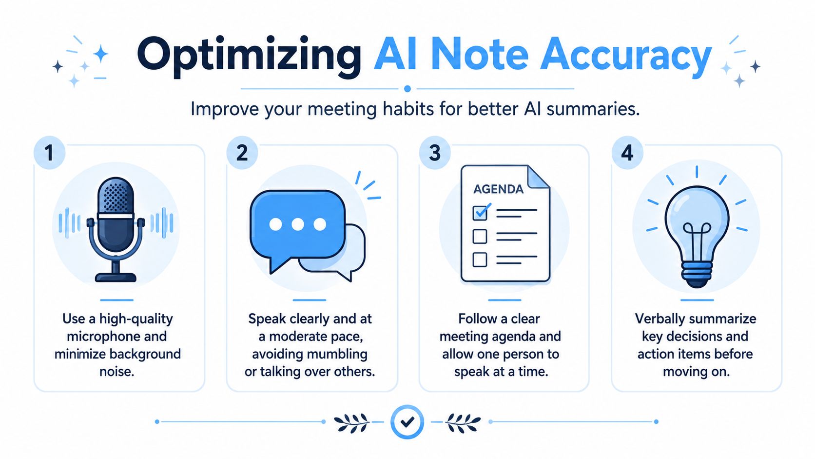 An infographic titled Optimizing AI Note Accuracy listing four tips for improving AI-generated meeting summaries.