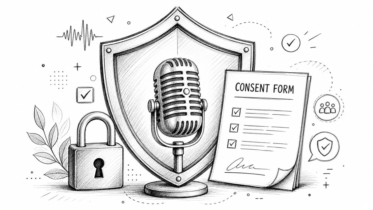 A pencil sketch of a microphone behind a shield next to a locked padlock and consent form.