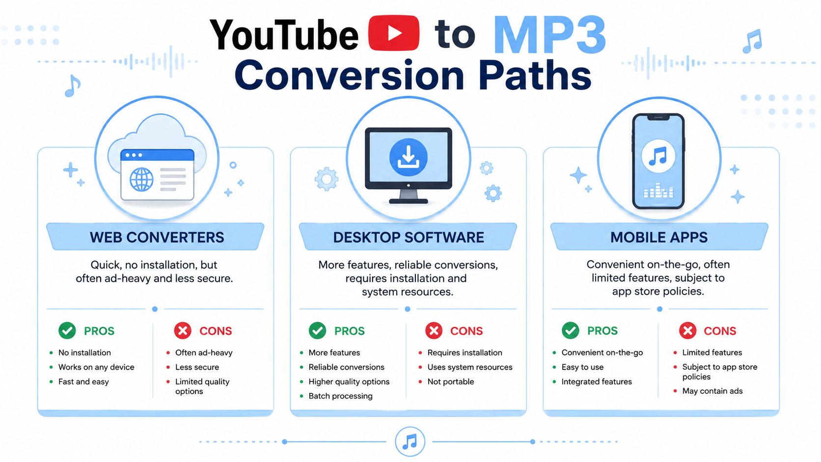 A comparison infographic showing the pros and cons of using web converters, desktop software, and mobile apps for YouTube to MP3 conversion.