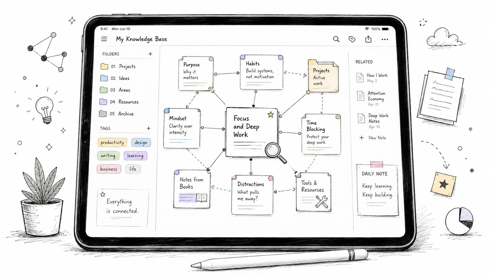 A digital tablet displaying a hand-drawn mind map for managing personal knowledge base and deep work.