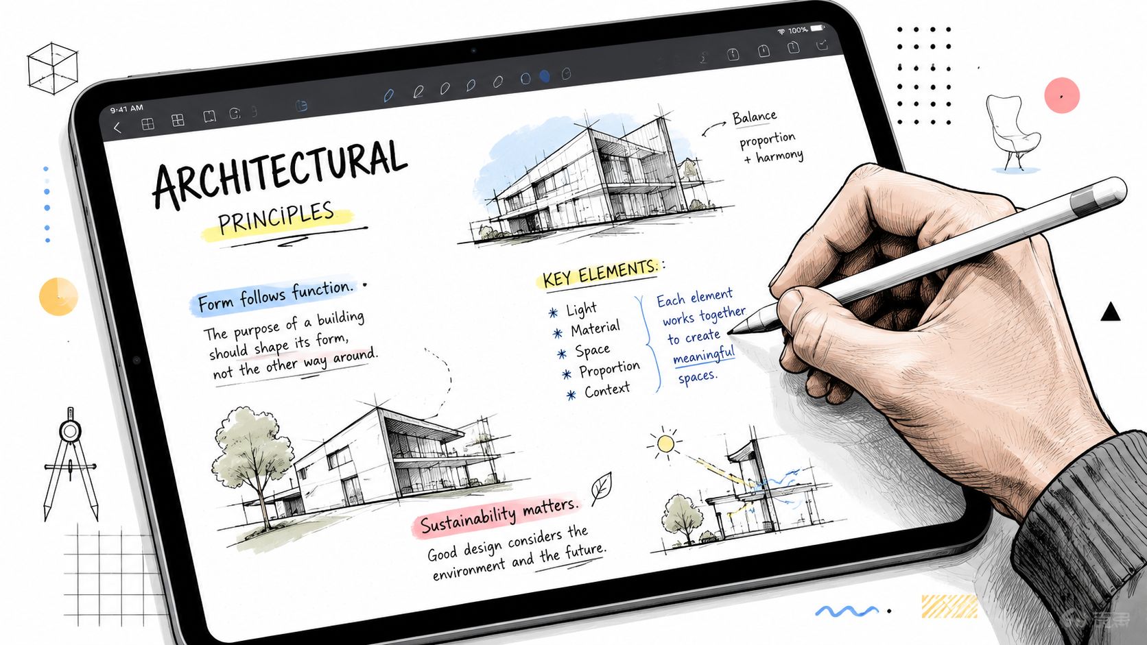 A hand using a digital pen to write architectural principles notes on a tablet screen.