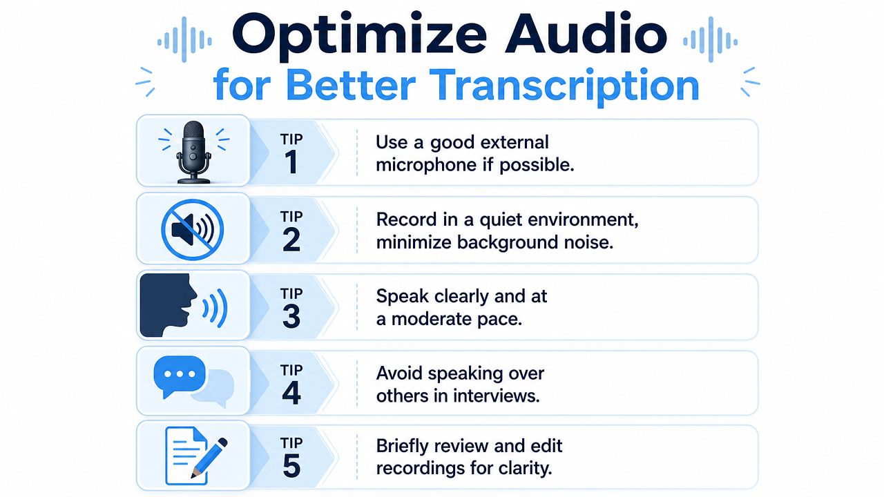 An infographic titled Optimize Audio for Better Transcription providing five tips for creating clearer audio recordings.