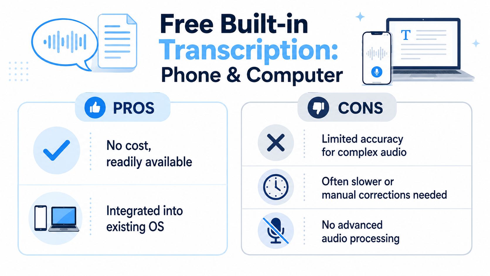 A comparison chart outlining the pros and cons of using free built-in transcription software on devices.