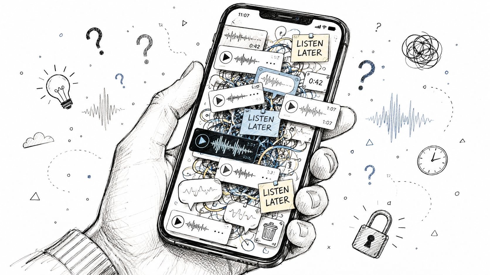 A hand holding a smartphone cluttered with disorganized voice memo widgets and 'Listen Later' sticky note reminders.