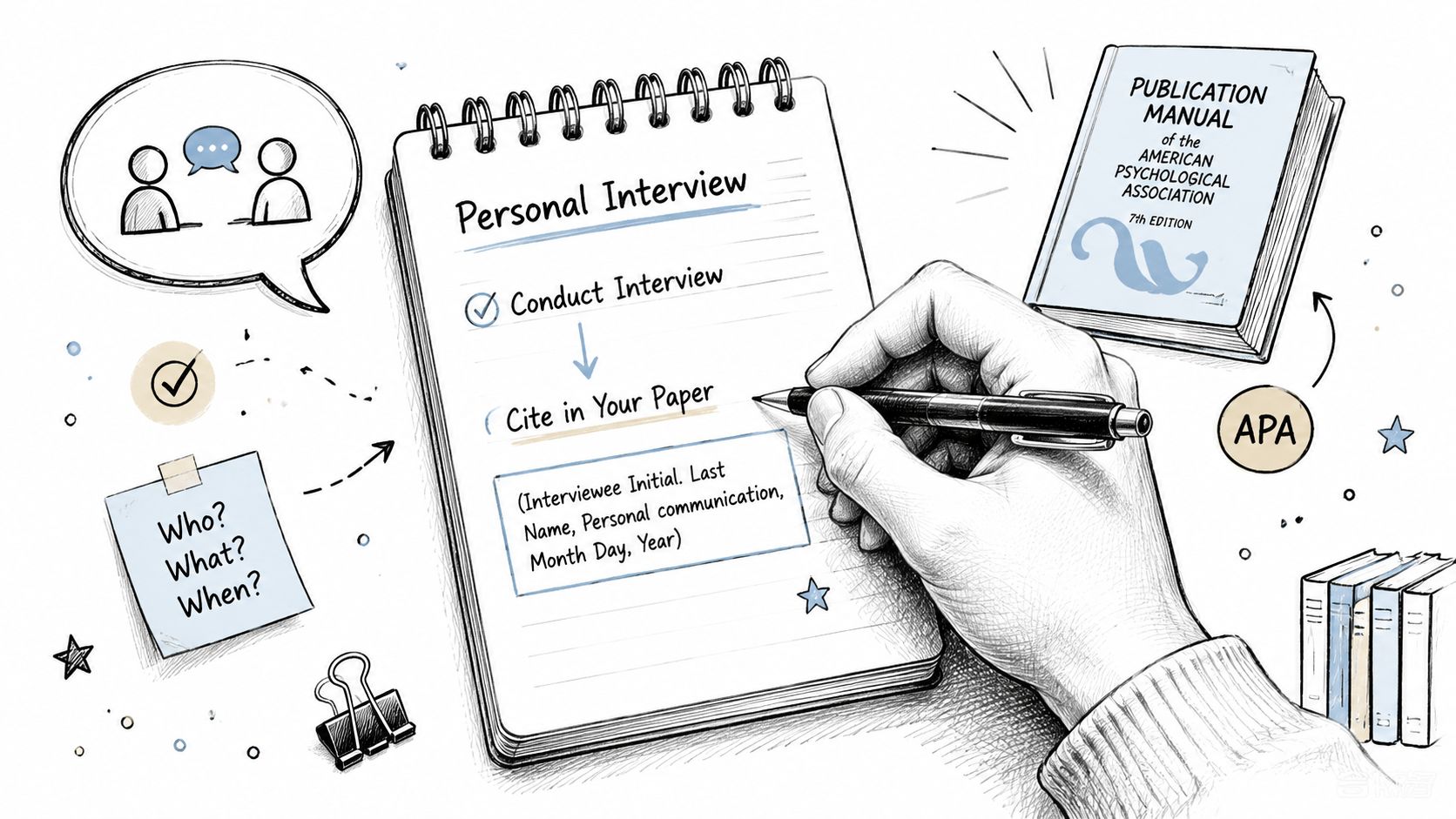 A hand writes notes on a notepad explaining the APA citation format for a personal interview.