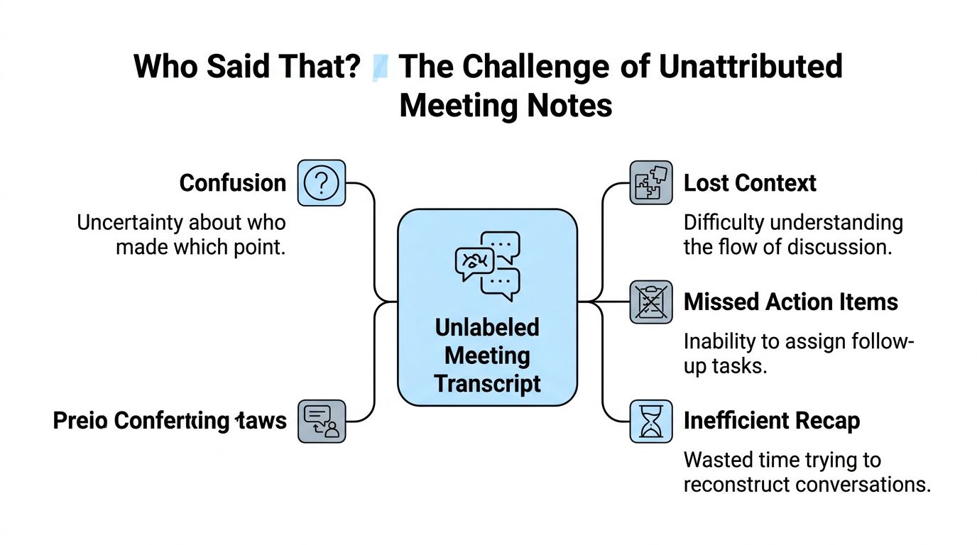 A diagram illustrating the challenges of using unlabeled meeting transcripts, including confusion, lost context, and inefficient recaps.
