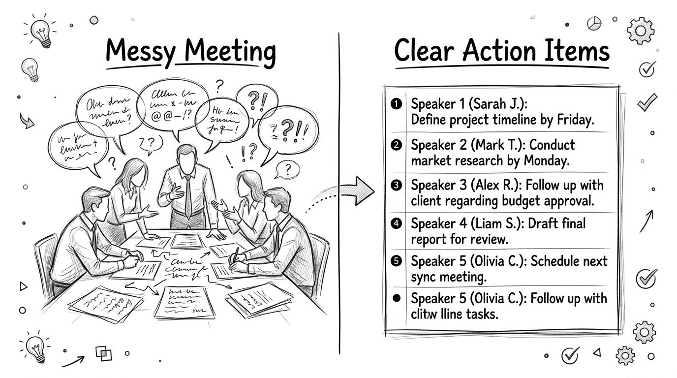A conceptual sketch contrasting a chaotic, disorganized meeting with a structured list of clear action items.