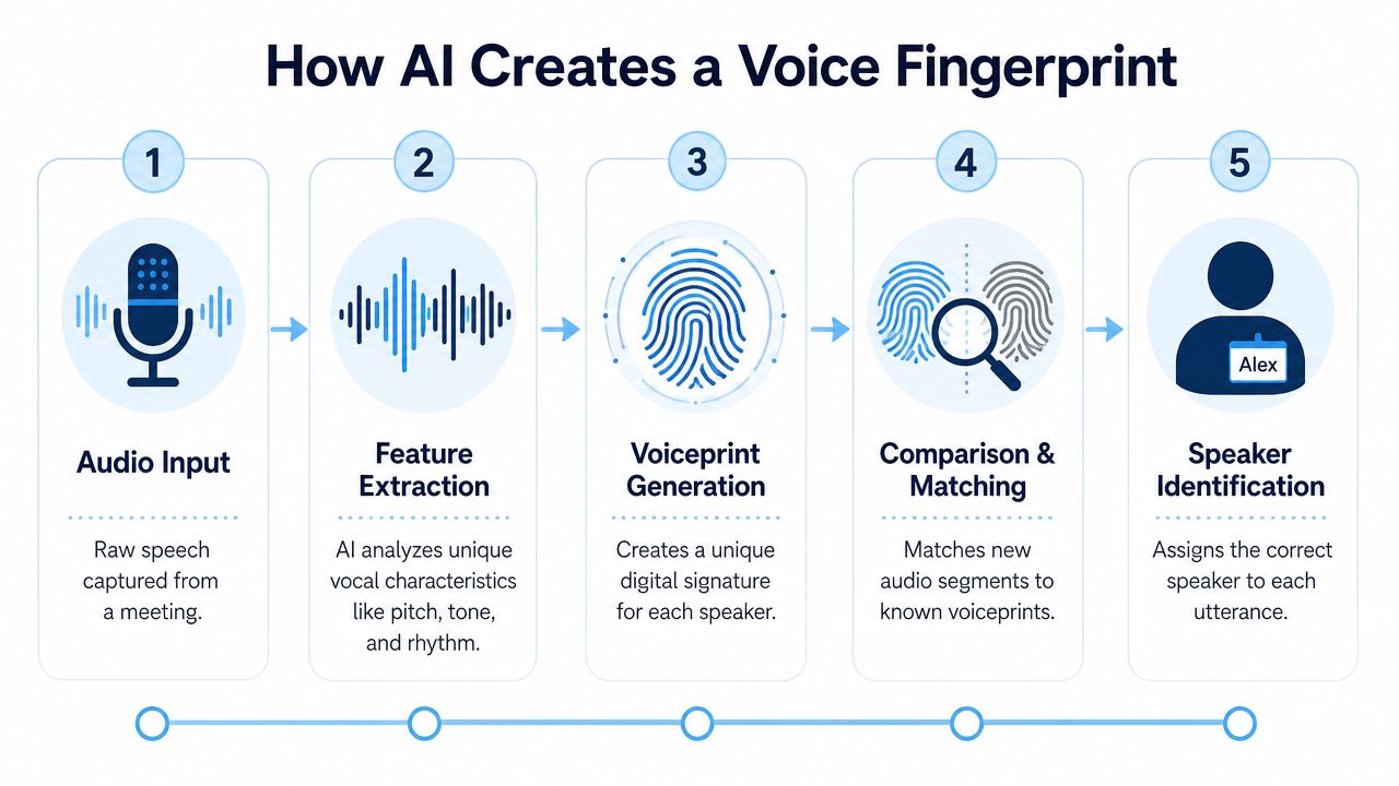 A five step infographic illustrating how artificial intelligence creates a unique digital voiceprint for speaker identification.