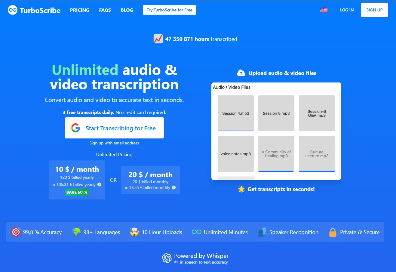 TurboScribe landing page