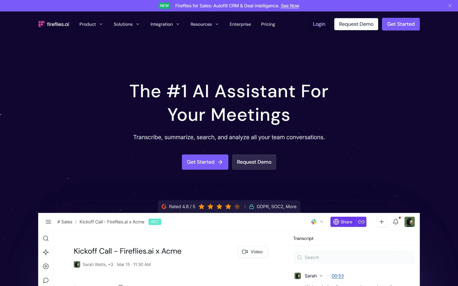 Fireflies.ai landing page - AI meeting assistant that transcribes and summarizes calls, an Otter.ai alternative