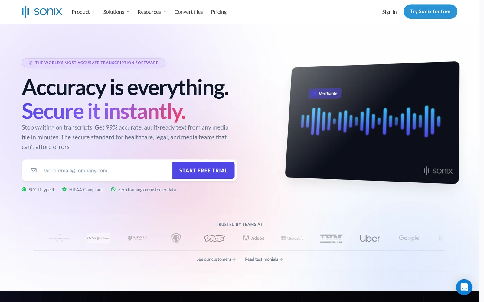 Sonix landing page - accurate multilingual AI transcription software, an Otter.ai alternative