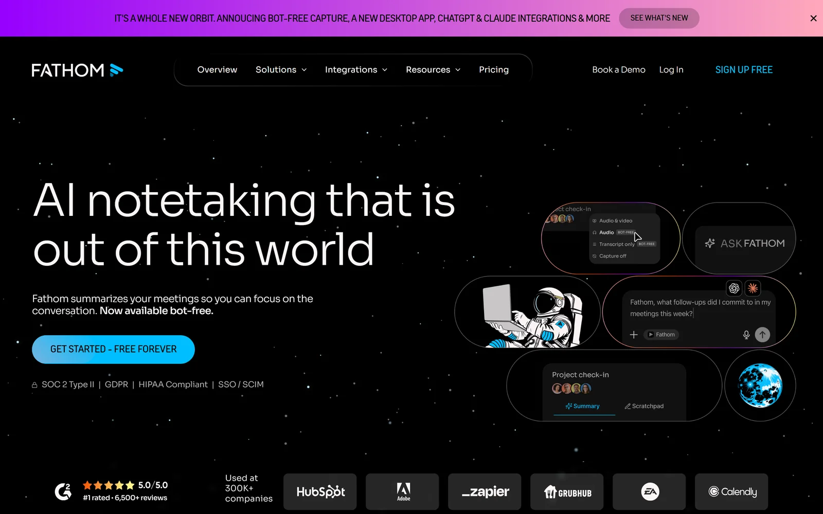 Fathom landing page - free AI notetaker for meetings, an Otter.ai alternative