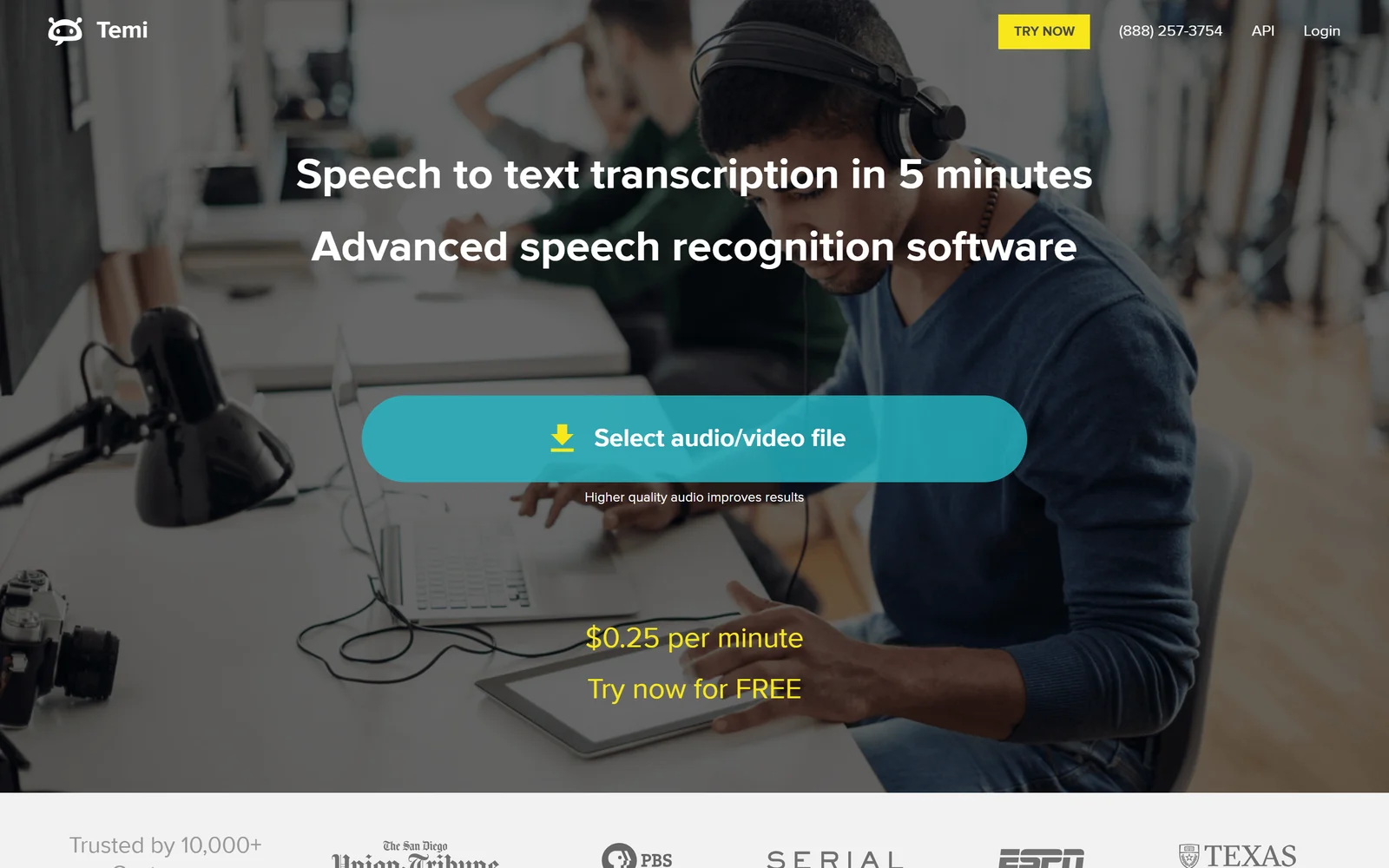Temi landing page - budget speech-to-text transcription at $0.25 per minute, an Otter.ai alternative