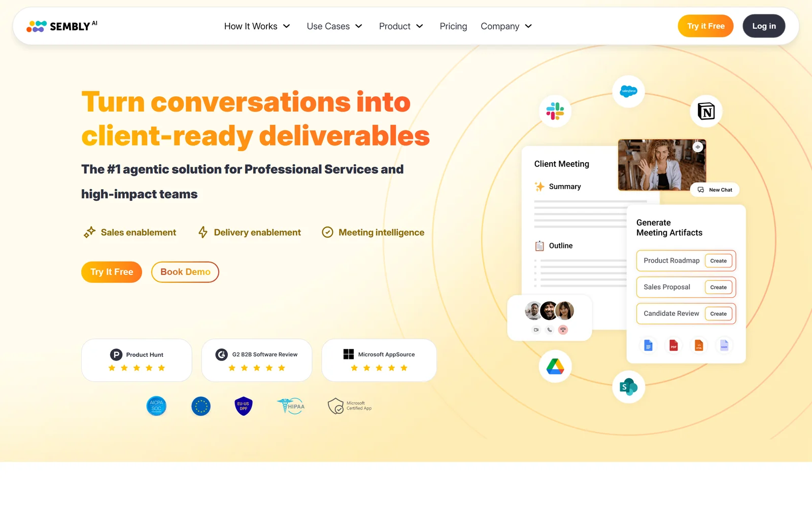 Sembly AI landing page - agentic AI meeting solution for professional teams, an Otter.ai alternative