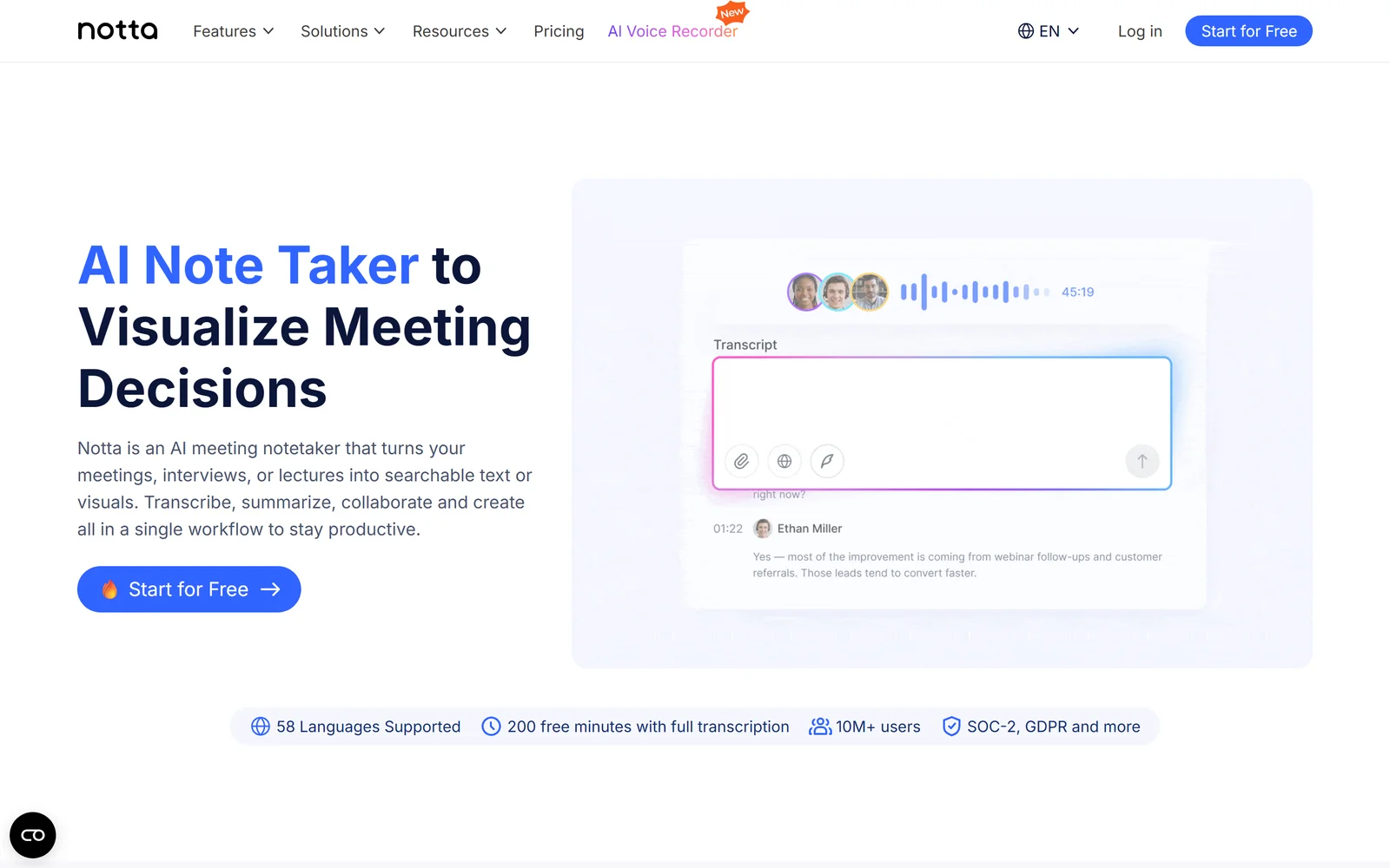 Notta landing page - AI note taker for meetings with mobile apps, an Otter.ai alternative