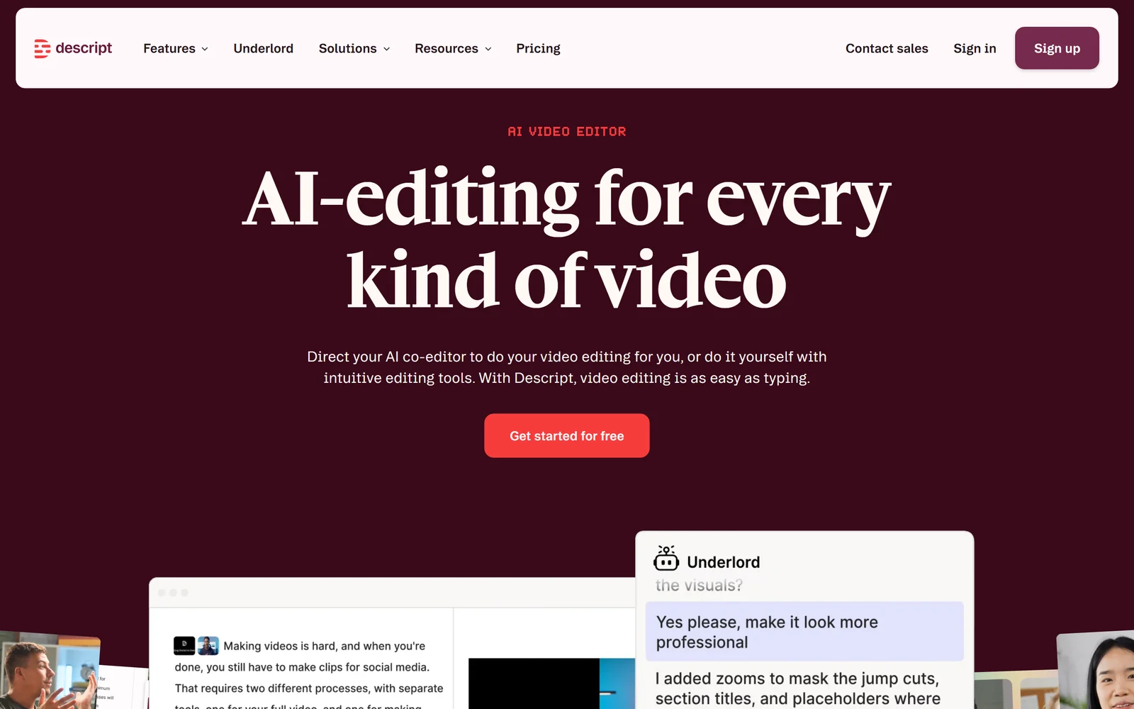Descript landing page - AI video and podcast editing with transcription, an Otter.ai alternative